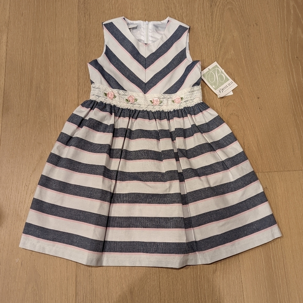 Bonnie Jean Navy and White Striped Dress with Floral Accents
